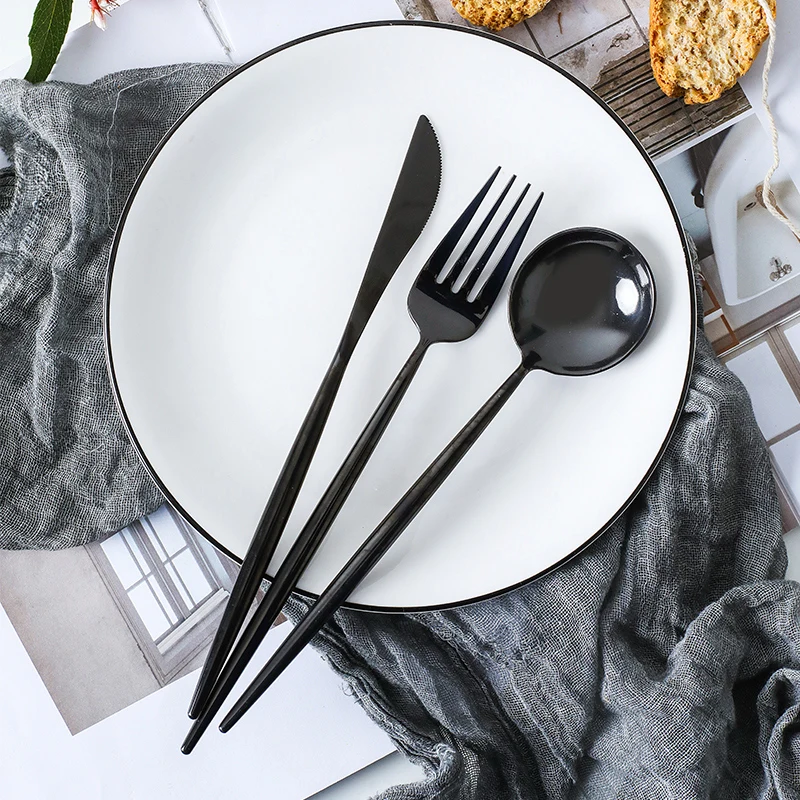 Черный 3 комплект столовых приборов нож для стейка из нержавеющей стали вилка