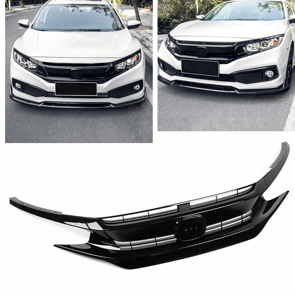 

For Honda Civic 10th 2016-2018 Car Glossy Black Front Grille Racing Grill Body Upper Bumper Hood Mesh Vent Splitter Spoiler Trim