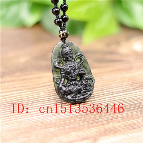 Натуральный черный зеленый нефрит китайская лента Гуаньинь кулон ожерелье