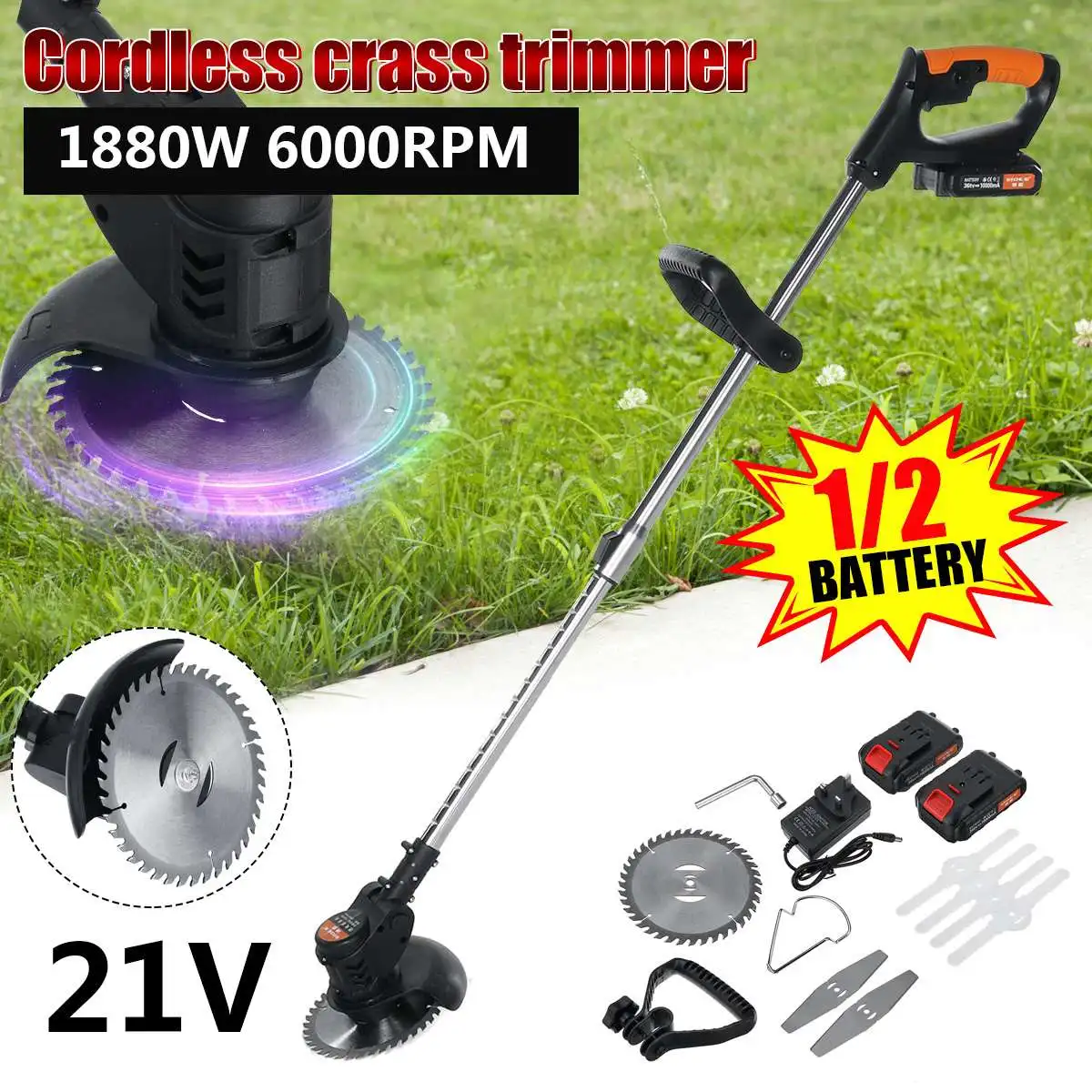 

21V 1880W Electric Grass Cutter Cordless String Trimmer Rank Grass Eater Lawn Wacker Edger Garden W/ 1/2pcs 2000mah Battery