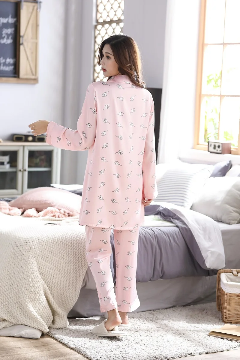 2 Pieces Faux Silk Satin Women Pajamas Set  Autumn Sexy Sleepwear Lingerie Ladies Pyjamas Long Sleeve Home   Nightdress