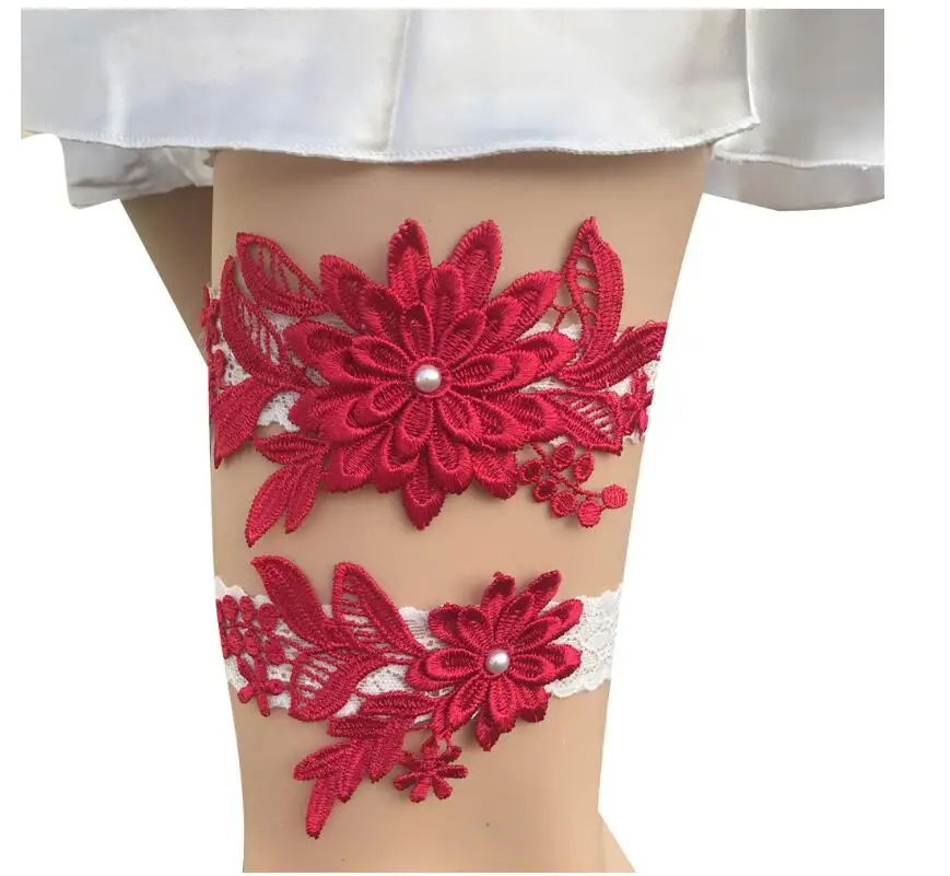 

Women Wedding Red Garter Belt 2pcs Wedding Garter Navy Embroidery Floral Sexy Lace Garters Women/Female/Bride Thigh Ring Bridal