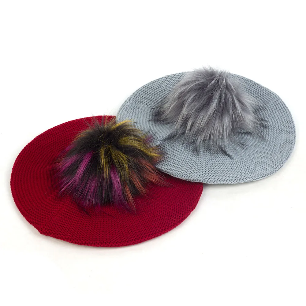 

Women Knitted Berets With Pom Pom Winter Autumn Warm Female Baggy Slouchy Hats Faux Fur Hairball Solid Color Bonnet Artist Caps