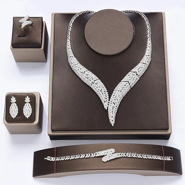 white gold Ювелирные изделия HADIYANA классическое ожерелье серьги кольцо браслет Ювелирные наборы для женщин Элегантный свадебный подарок CNY0060 Bisuteria - Окраска металла: white gold