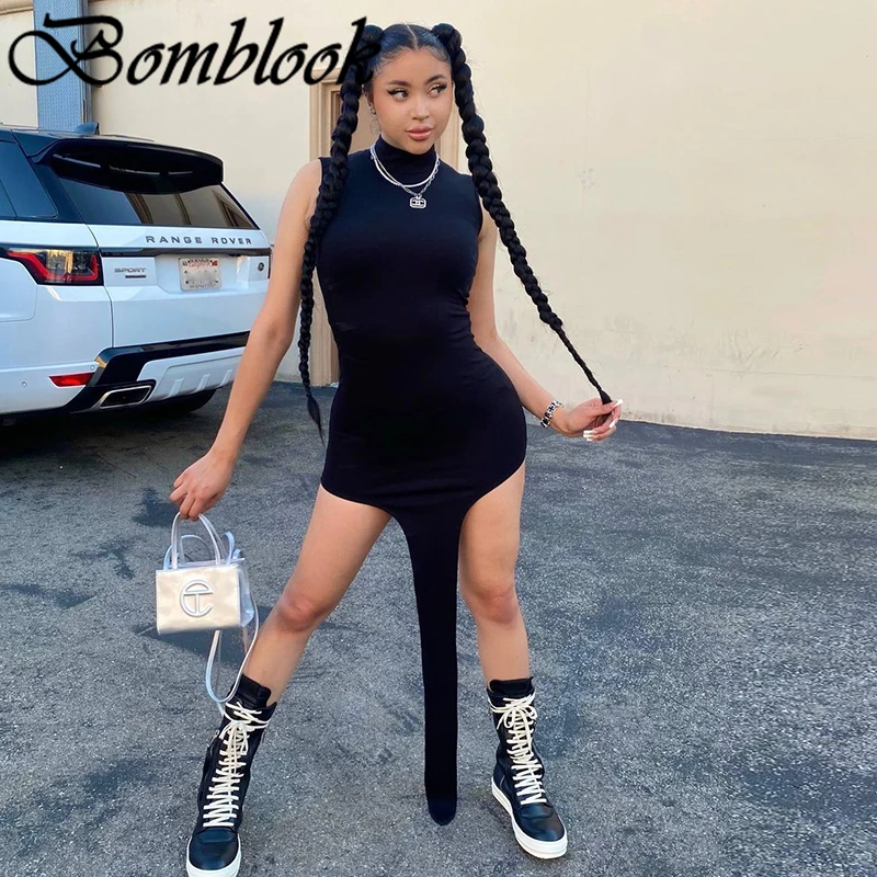 

Bomblook Sexy Party Club Vacation Bodycon Summer Women's Dress 2021 Solid Sleeveless Irregularity Mixi Dress Female Streetwears