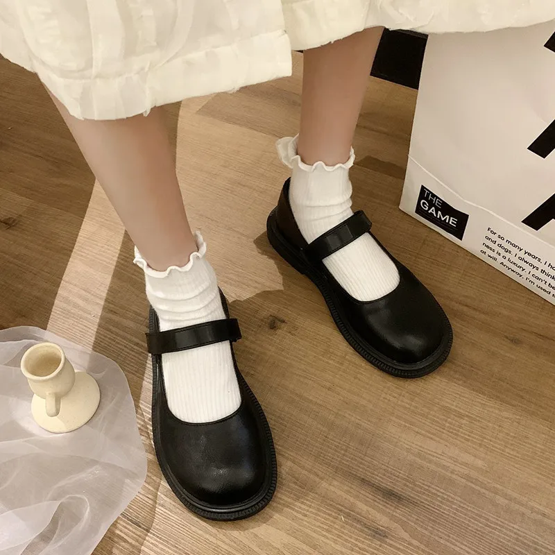 

Casual Woman Shoe Shallow Mouth Oxfords All-Match British Style Round Toe Leather Nurse Summer Preppy New Hook & Loop Mary Janes