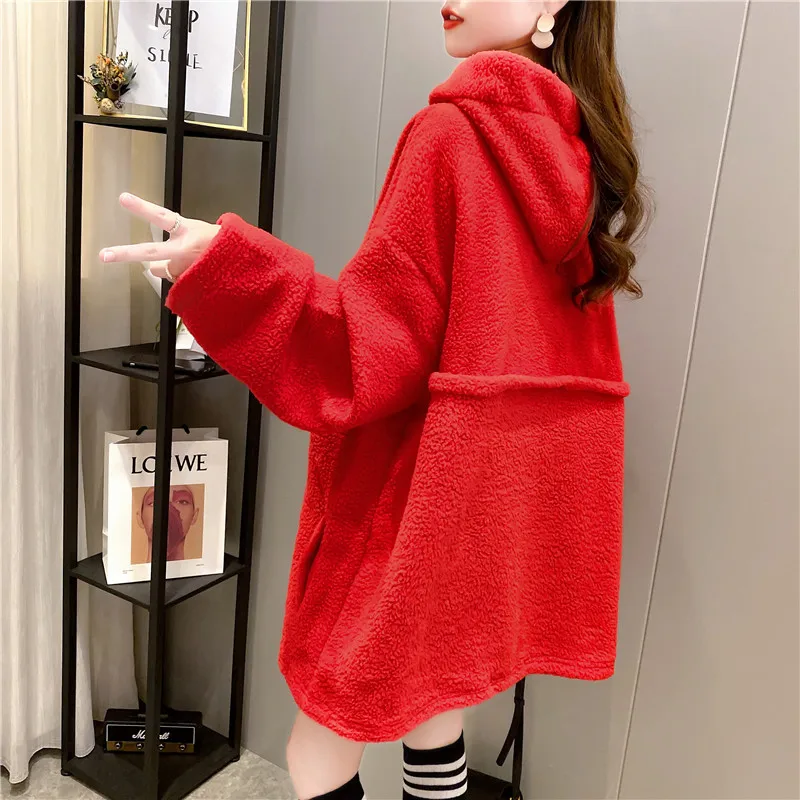 

XIBUSANA 2020 Winter Lamb Wool Loose Plus Velvet Thickened Mid-length Sweatshirt Female Vintage Solid Pullovers Hoodies Women's
