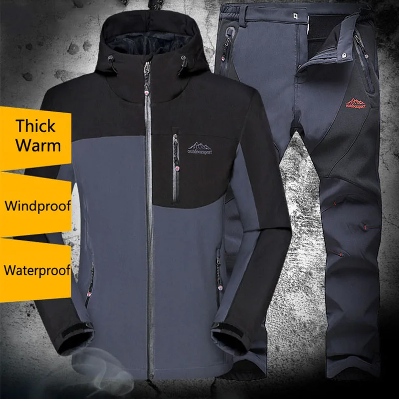 Мужской осенне зимний уличный флисовый костюм из мягкого материала с капюшоном