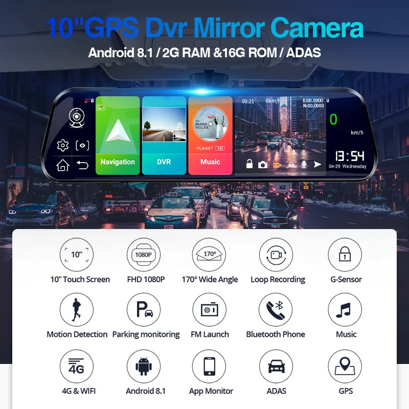Автомобильный видеорегистратор ACCEO D13 Android 8 1 зеркало 10 дюймов 4G 1080P камера заднего