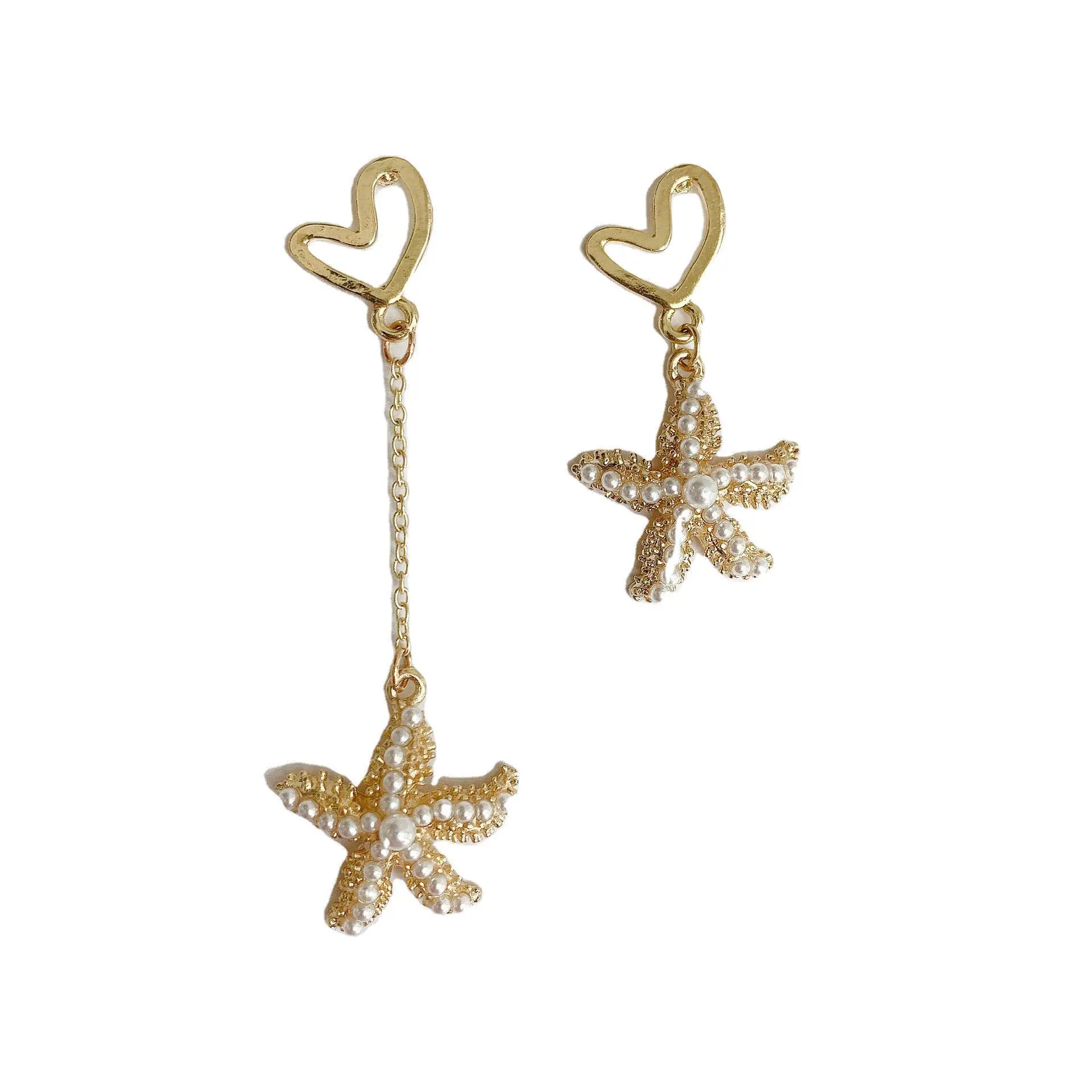 

Simple Gold Plated Asymmetry Starfish Pearl Earring 2021OL Style Heart Tassels Drop Earring Elegant Women Wedding Party Jewelry