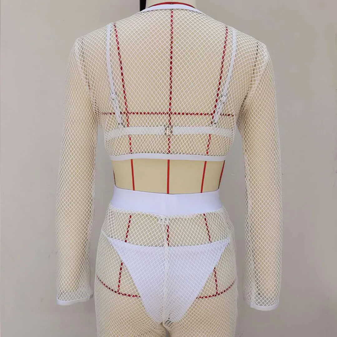 

Ensemble de 4 pieces en maille, manches longues, ajoure, haut de Bikini, taille haute, pantalon de plage bikini set v waist