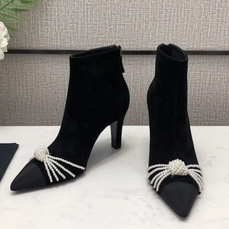 

Boots Women Thin High Heel Pearl Chain Decoration Elastic Fabric Zip Shoes Solid Color Zapatos De Mujer Pointed Toe Women Shoes