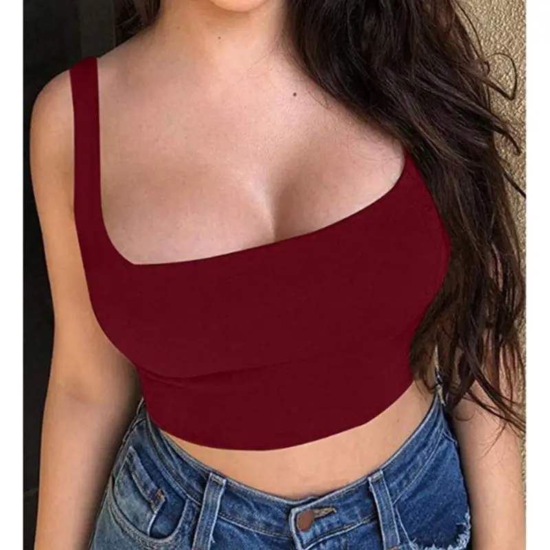 

Womens Summer Sexy Low Cut Square Neck Tank Crop Top Solid Color Basic Stretch Slim Strappy Vest Beach Party Clubwear Bralette