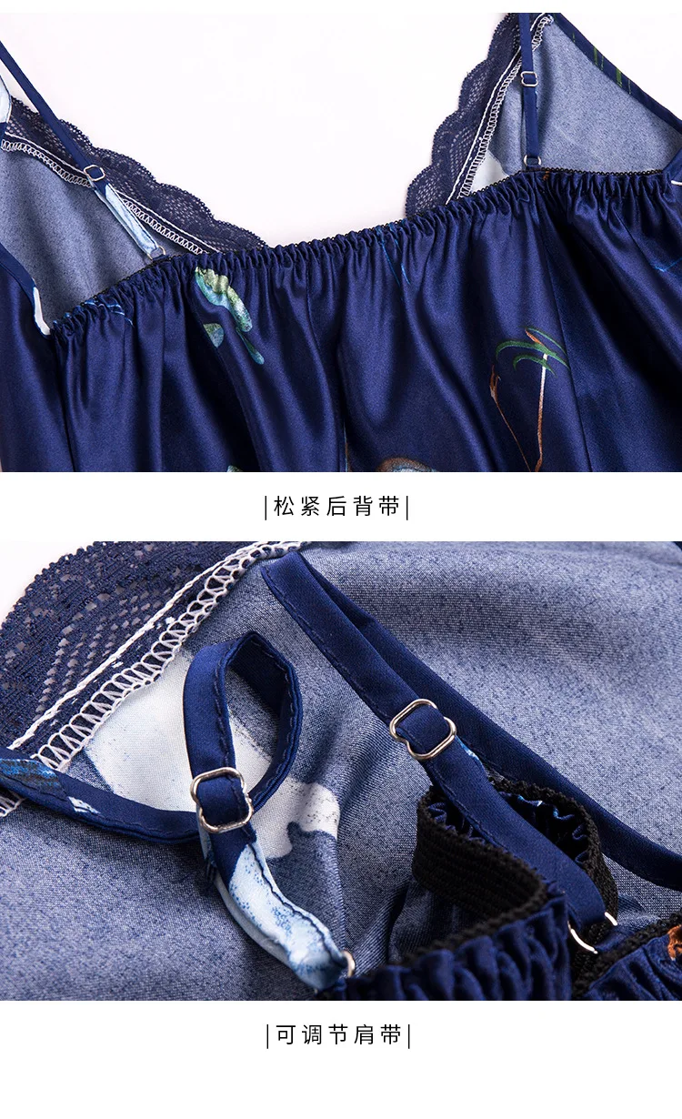 

Plus Size Women Sexy Lingerie Female Silk Stain Short Pajamas Summer Sling Sleepwear Print Cute Roomwear Sleep & Lounge 2pcs Set