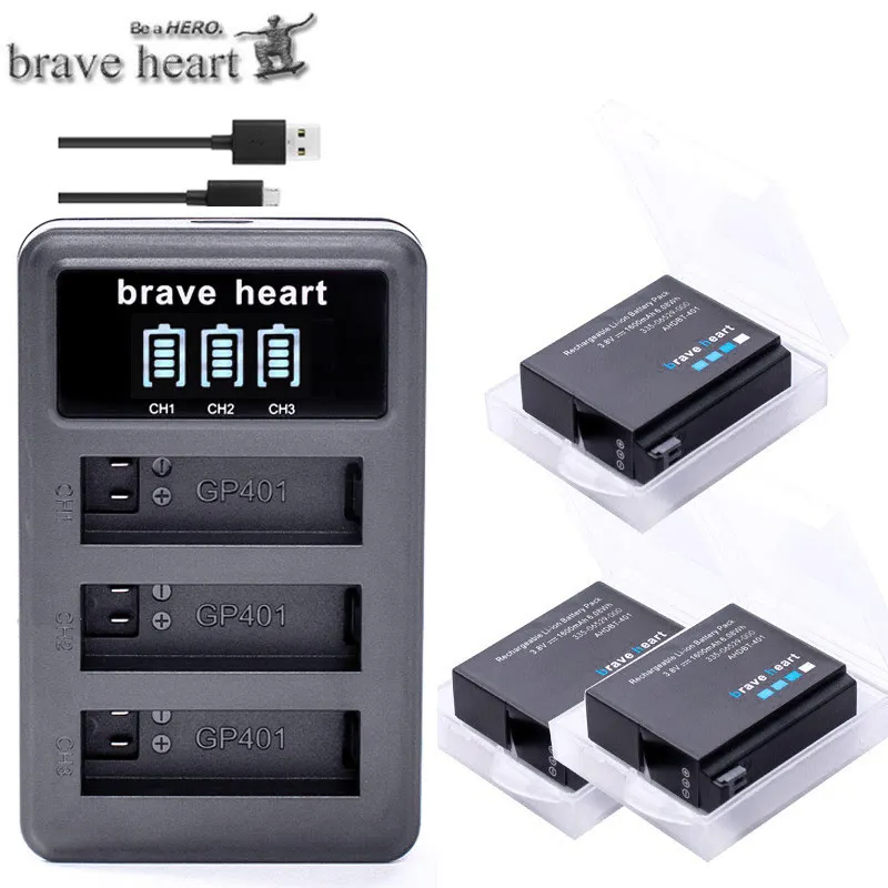 charger and 3battery Bateria Gopro hero 4 hero 4 батарея+ светодиодный 3 слота USB зарядное устройство для GoPro hero 4 черный/серебристый/белый аксессуары для экшн-камеры - Цвет: charger and 3battery