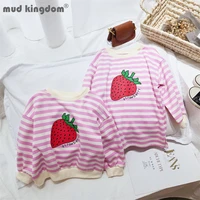 mudkingdom cute girls dress strawberry stripe crew neck print long sleeve about knee straight dresses kids spring autumn clothes