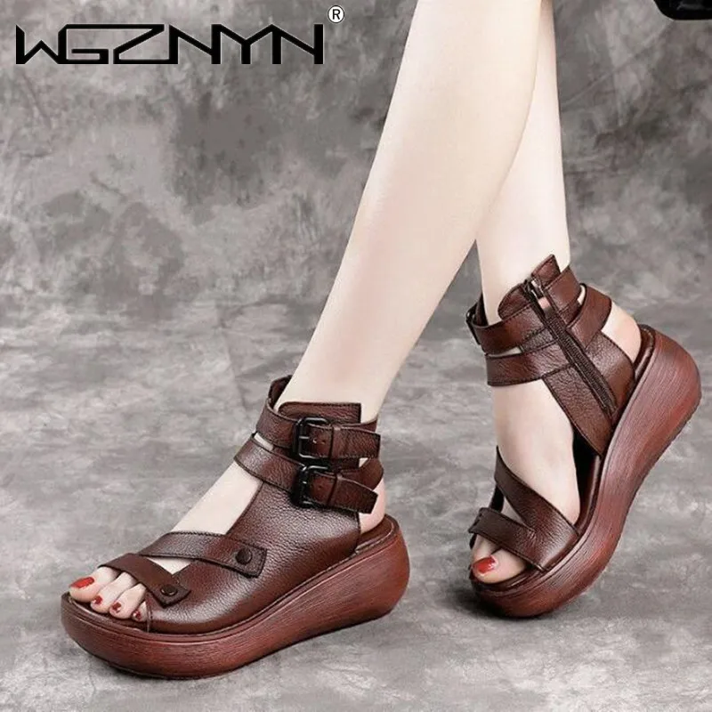 2021 Fish Mouth High Quality Soft PU Leather And Cowhide Summer Roman Shoes Women Sandals Platform Heighten Shoe Wedges Sandals