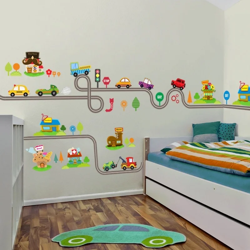 

Cartoon Cars Highway Track Wall Stickers For Kids Rooms Sticker Children's Play Room Bedroom Decor Wall Kindergarten Art Decals