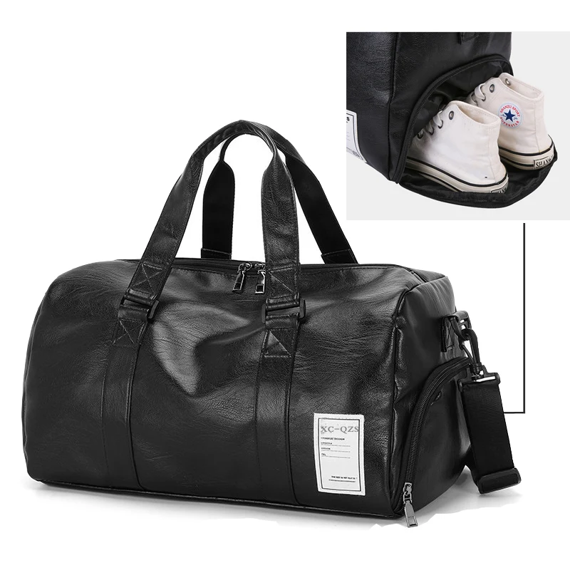 Unisex Leather Luggage Bag With Shoes Travel Clothes Storage Bags Zipper Sport Weekend Bag Training Fitness Duffle Bag Shoulder