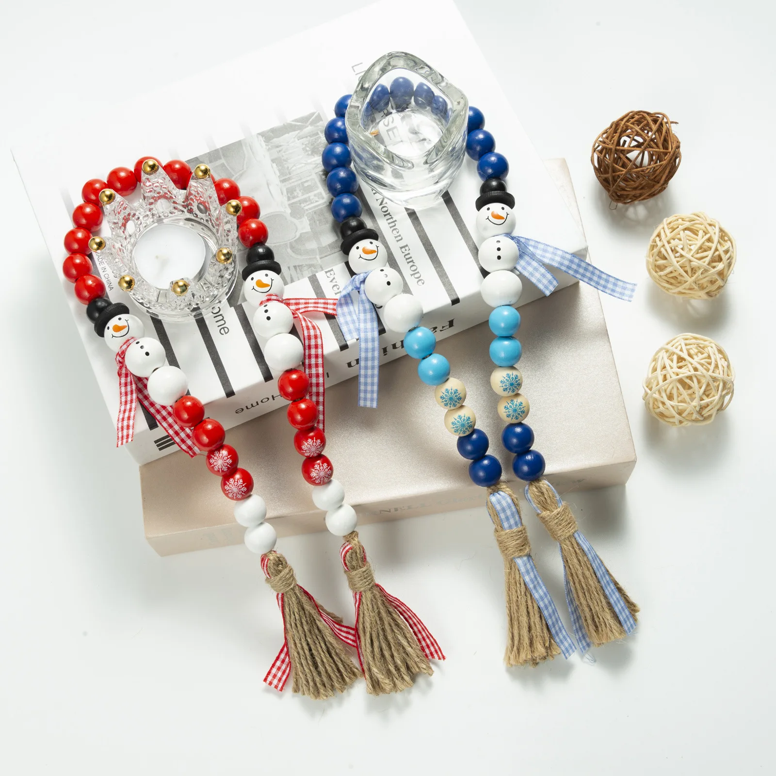 

72cm Christmas Wooden Bead String Pendant Santa Claus Snowman Pattern Ornament DIY Fashion Custom Hemp Rope Beaded Pendant