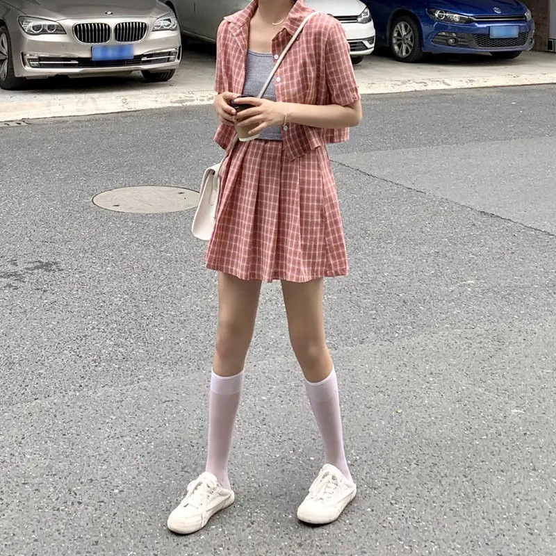

Two-piece/single-piece 2021 summer new style slim college style short-sleeved plaid shirt pleated skirt Small fresh skirt women