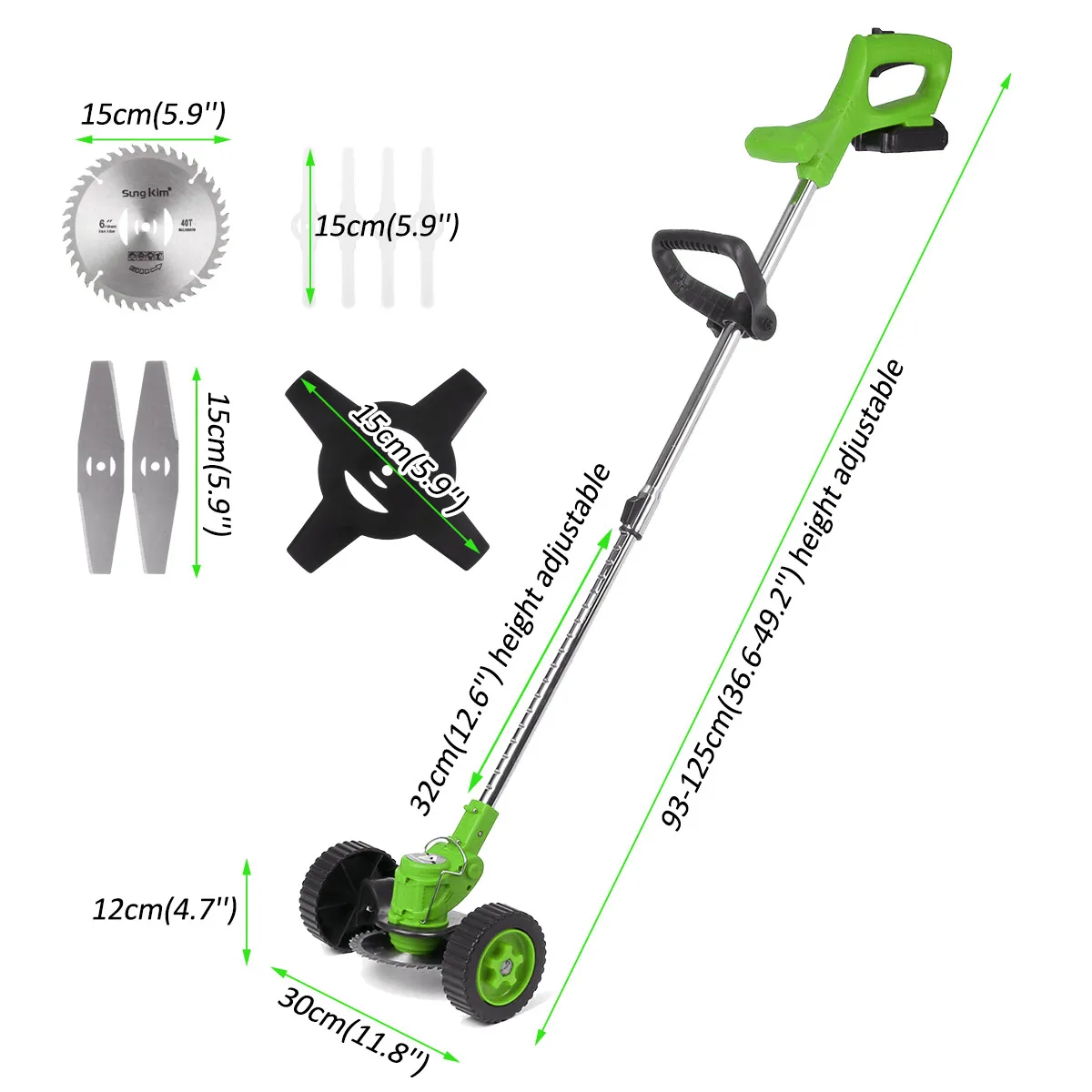 1880W Electric Grass Trimmer Rechargeable Lawn Mower Cordless Weeds Strimmer Grass Cutter Garden Tool With 2PC Battery&Wheels