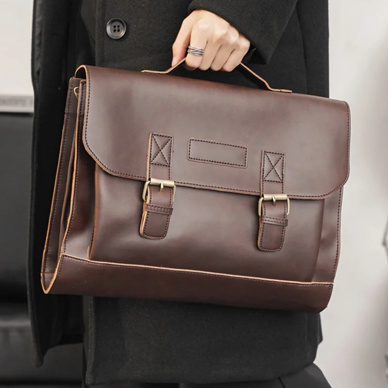 Men's Top-Handle Bags PU Leather Vintage Bag Solid Business Fashion Man Hand Bags Male Single Shoulder Strap Bag 2021 for Men