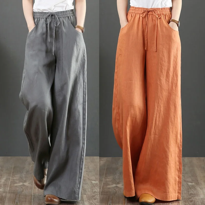 

Женские Летние Новые Стильные корейские брюки из хлопка и льна с высокой талией и широкими штанинами осенние удобные повседневные свободны...