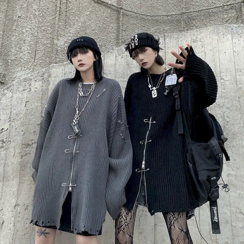 

Gothic Sweaters Pullovers Men Women Patchwork Pin Clothes 2021 New Autumn Winter Korean Streetwear Women Loose Baggy Y2k Top