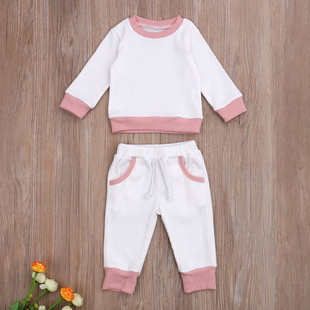 

Autumn Winter Kids Baby Girls Boys Clothes 0-4T Clothes Sets Solid Knit Long Sleeve Pullover Tops Pants Suits