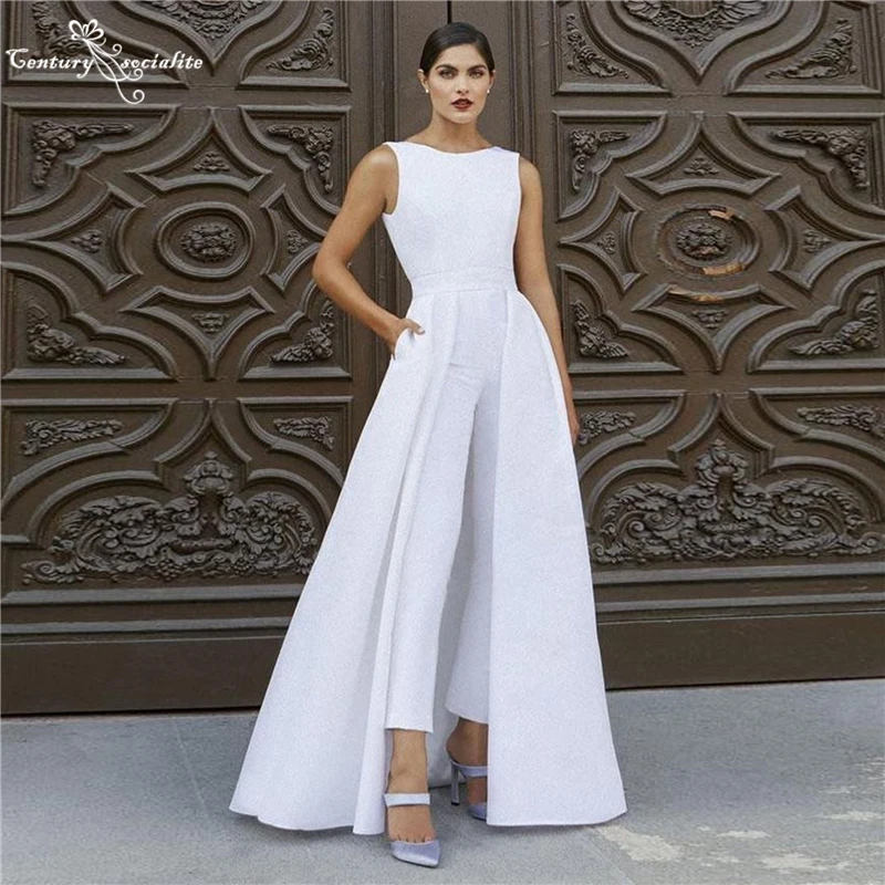 

Simple Wedding Dresses 2021 Women Jumpsuits with Overskirt Pockets Bride Reception Jumpsuit Bridal Pantsuits Vestido De Noiva