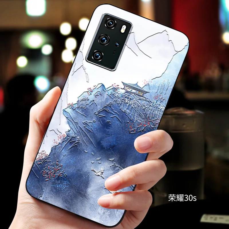

honor30s Embossed vintage East Asian Chinese Japanese style case For huawei honor 30s Ultra Snow Mountain Decree Crane cover