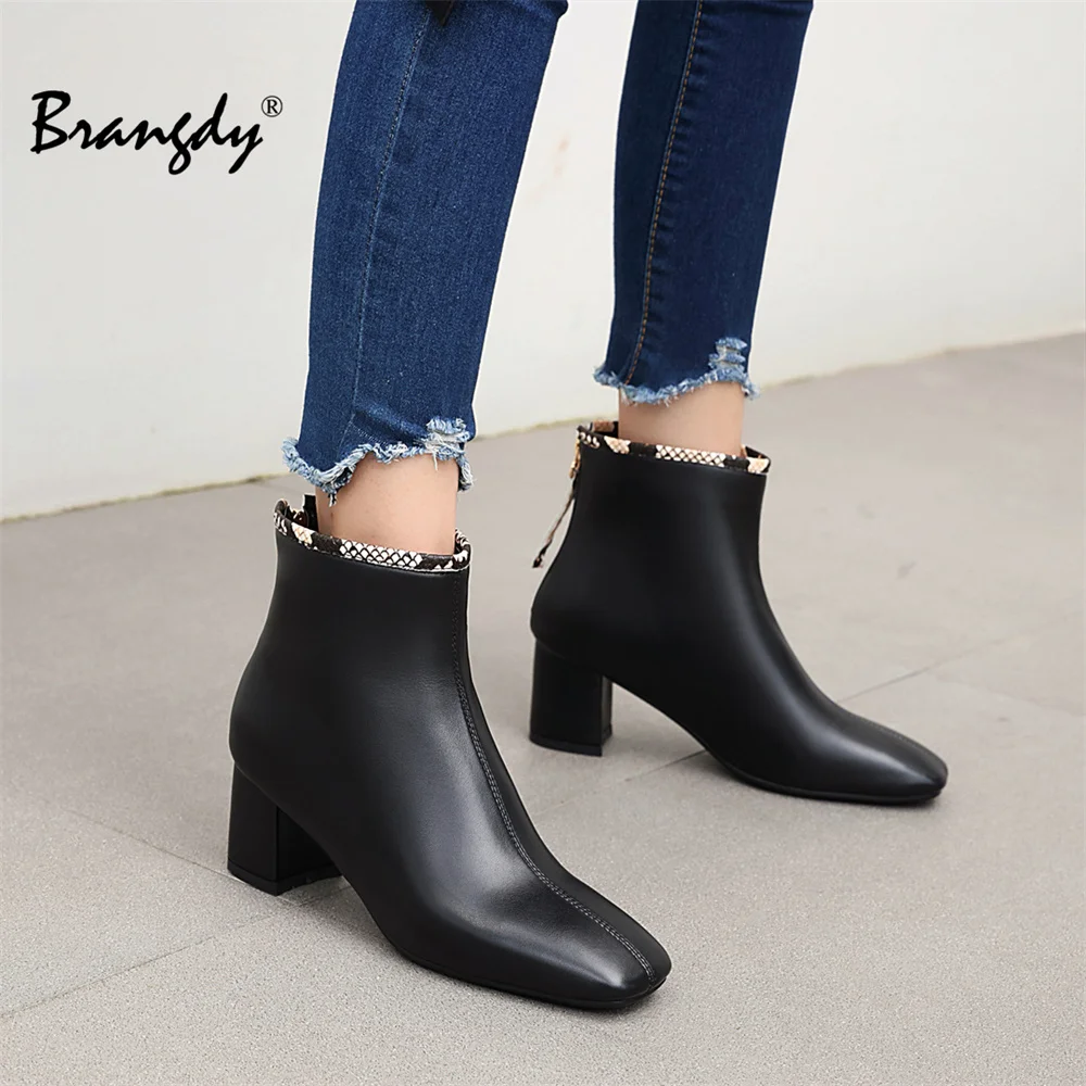 

Brangdy женская обувь стильные осенние зимние кожаные ботильоны ручной работы с квадратным носком каблук супер высокий и толстый женские ботинки размер 31-49