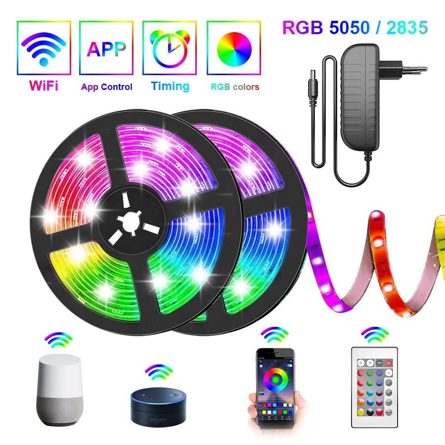 

5050 WIFI LED Strip Light 5M-30M 2835 Led lights RGB Flexible Lamp Tape Ribbon Diode Tape With WIFI APP For Alexa adapter+strip