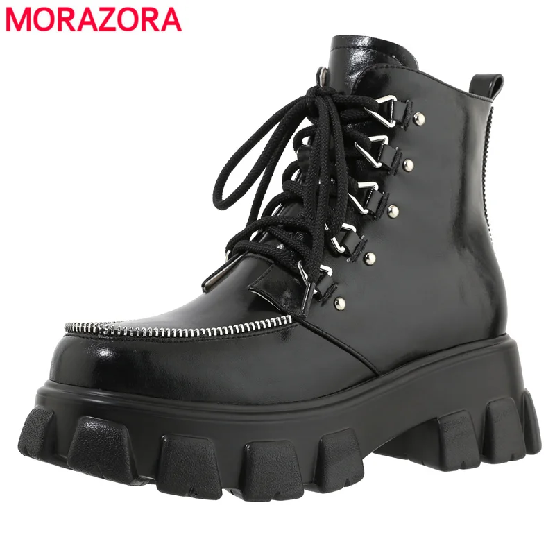 

Женские ботильоны на шнуровке MORAZORA, Черные ботильоны из натуральной кожи, на платформе, размер 34-42, осень