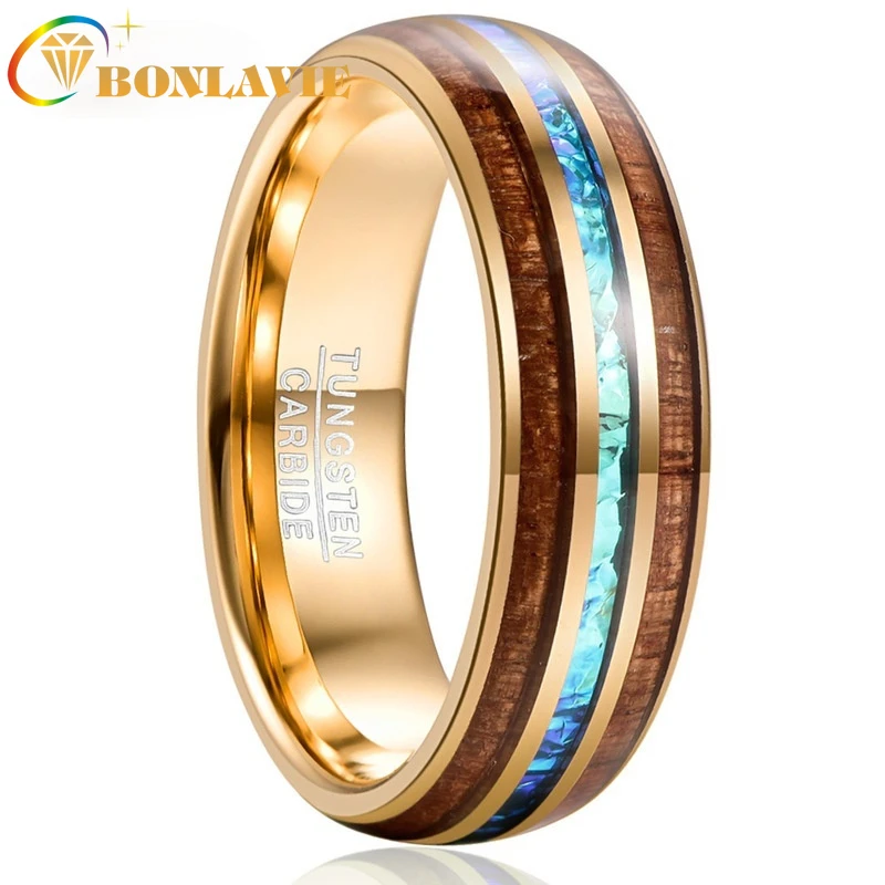 

Engagement for Men's Gift 8MM Wide Electroplated Gold Inlaid Acacia + Imitation Opel Dome Tungsten Steel Ring Jewelry