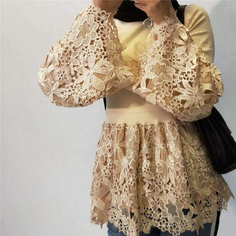 

Woman Blouse Muslim Fashion Plus Size Flared Sleeve Lace Shirt Stand-up Collar Middle East Dubai Turkey Muslim Top Donsignet