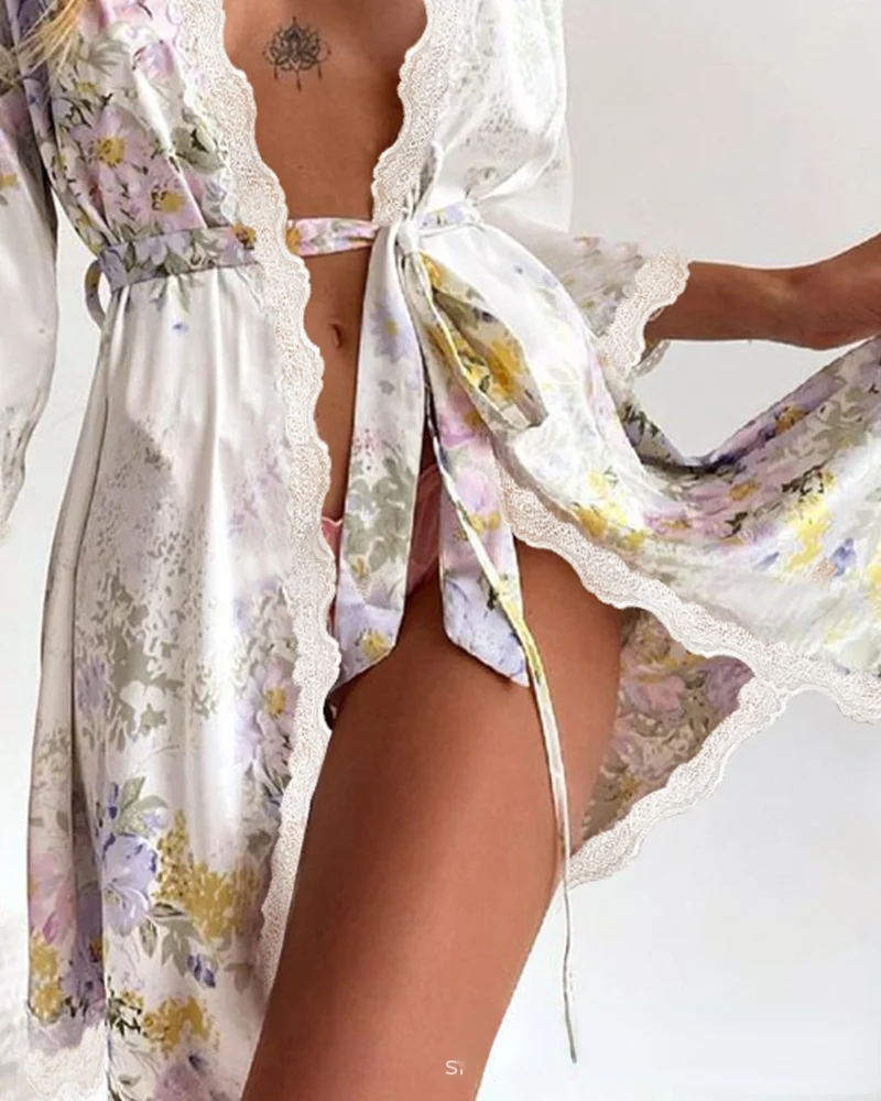 

Casual Fashion Sexy Women's Mini Dress Women Open Mini Dress Sashes Lace Half Sleeve Floral Flower High Waist Loose
