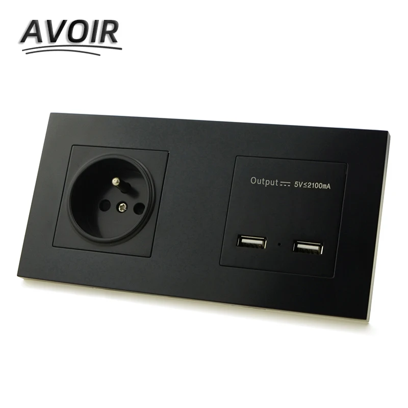 

Avoir FR Standard Plug Double Socket Plastic Panel Electrical Outlet Dual USB Charging Port Power Wall Socket