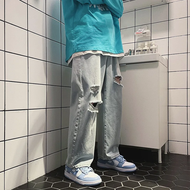 

High Street Men's Baggy Straight Rip Hole Jeans Spring/summer 2021 Casual Wash Blue Pants Baggy Jeans Men Clothing Denim