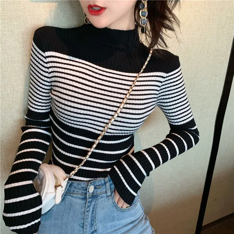 

Women Half High Collar Full Sleeve Stripes Pullovers Tops Autumn Korean Style Vintage Jumpers Female Slim Bottoming Sweaters New