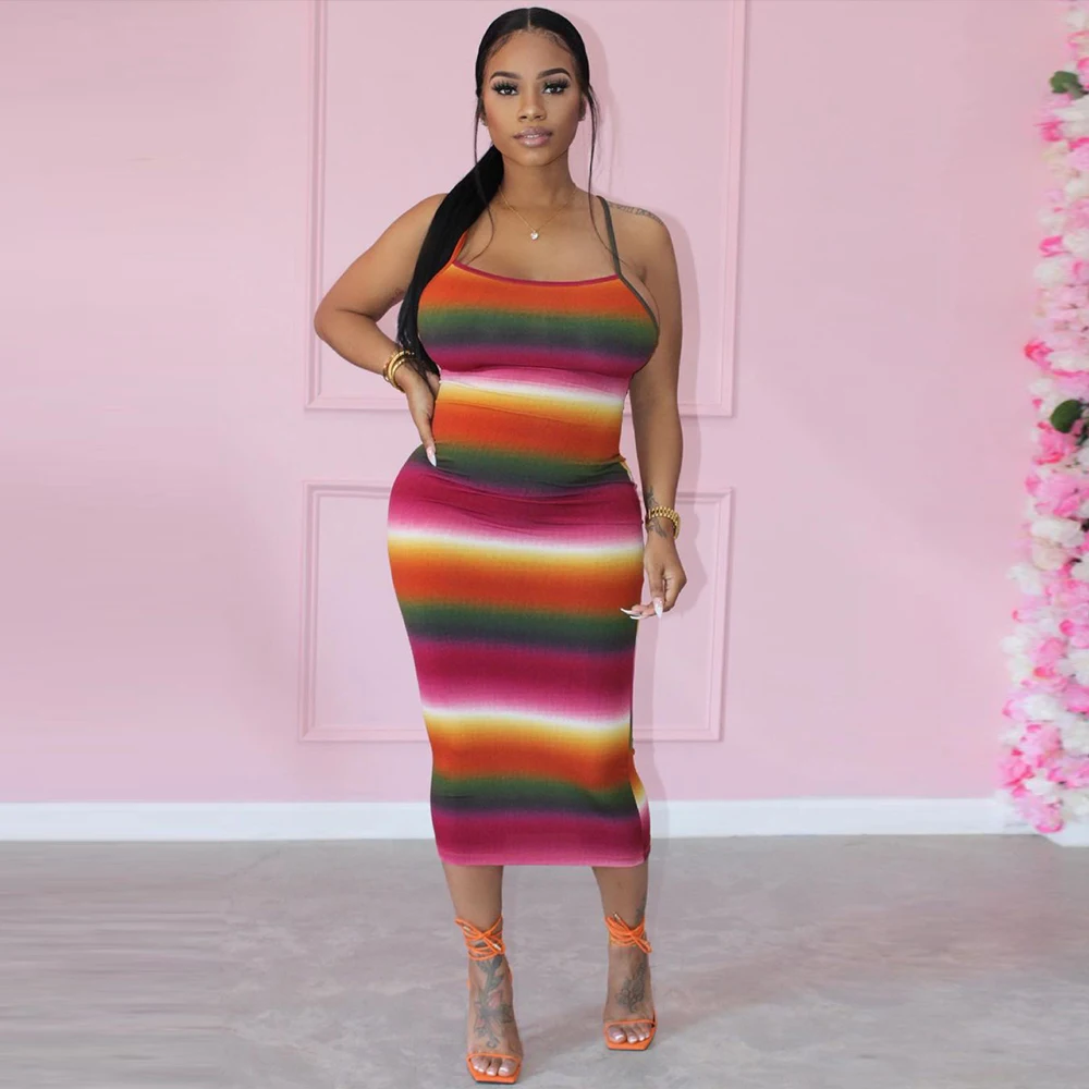 С радужным принтом спагетти ремень длинное платье женская одежда со стильным