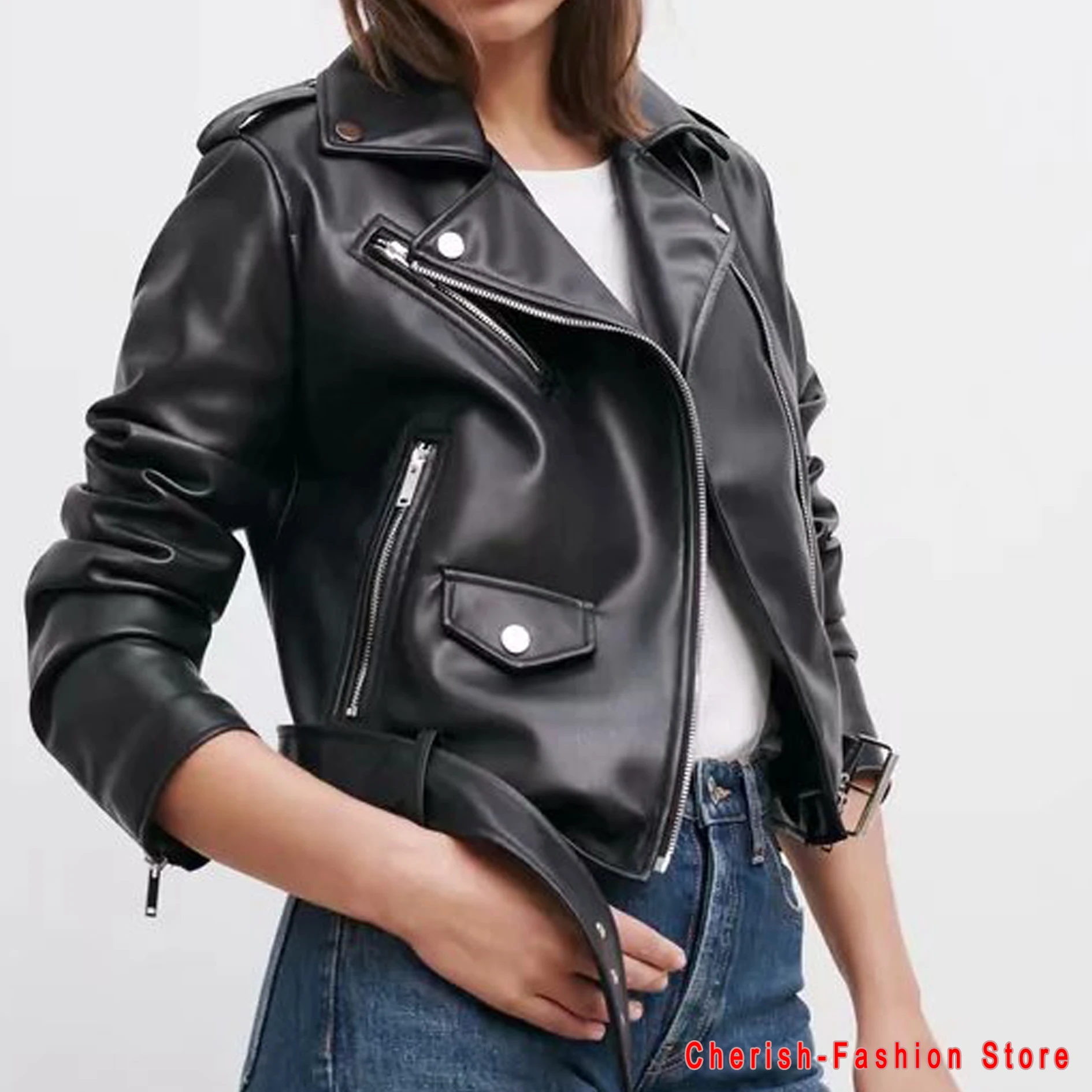 

PU Faux Leather Jacket Women Loose Sashes Casual Biker Jackets Outwear Female Tops BF Style Black Leather Jacket Coat Black