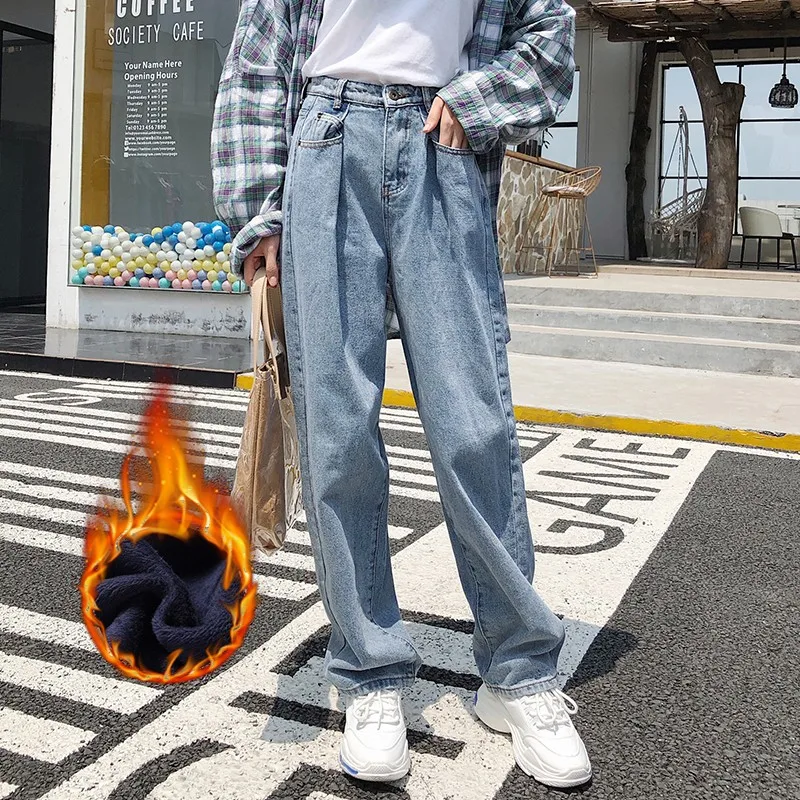

GUUZYUVIZ Thicken Loose Jeans Woman Mom Plus Size High Waist Denim Wide Leg Pants Velvet Boyfriend Jeans For Women Autumn Winter
