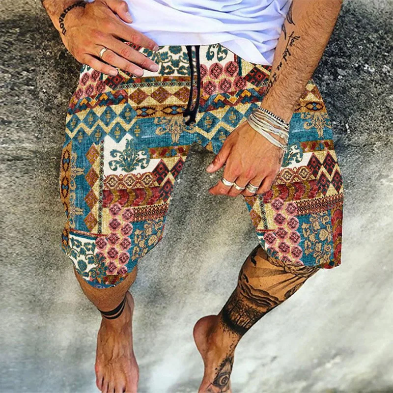 

Streetwear Vintage Skull Print Shorts Men Cotton Linen Shorts Casual Loose Drawstring Beach Short Pant For Male Summer