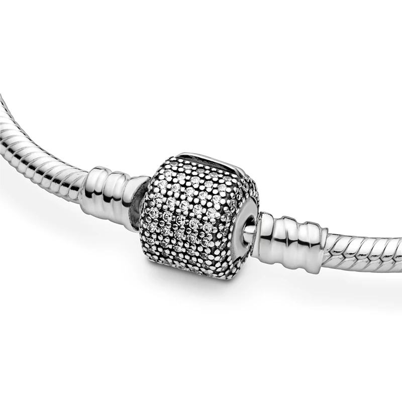 

Classic 925 Sterling Silver Sparkling Pave Clasp Snake Chain Bracelet For Women Fit Original Brand DIY Charm Beads Jewelry Gift