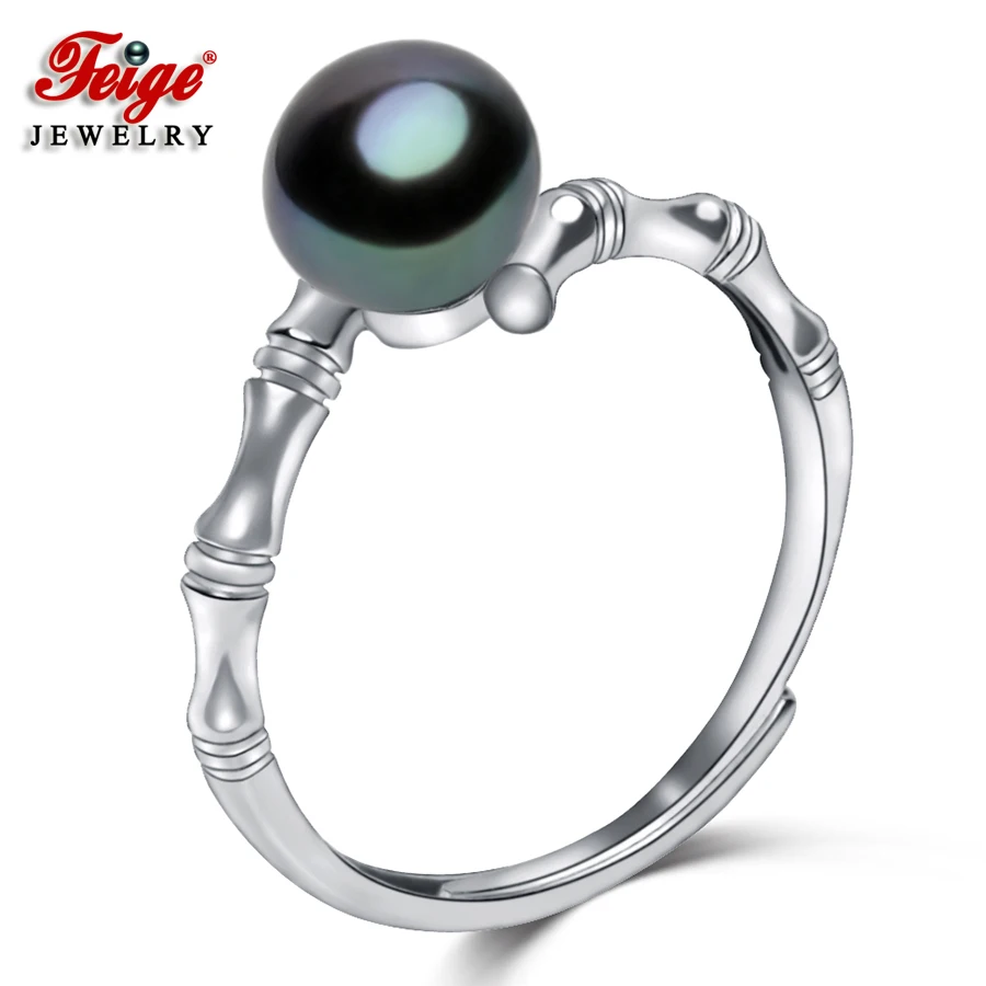 

925 Sterling Silver Bamboo 4 Colors Natural Freshwater Pearl Rings for Women Black Pearl Ring Fine Jewelry