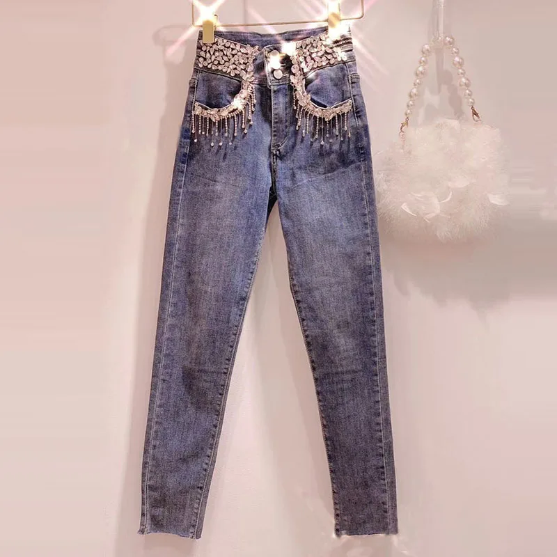 

21 Autumn New Heavy Industry Beads Rhinestone-Encrusted Tassel Blue Jeans Slim Fit Slimming Skinny Pants Pencil Pants for Women