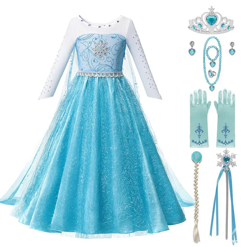 Elsa Dress Set 03 VOGUEON/платье принцессы Эльзы для маленьких девочек; карнавальный костюм Снежной Королевы для хеллоуина с длинными рукавами; Пышное Платье с бусинами и длинным шлейфом - Цвет: Elsa Dress Set 03