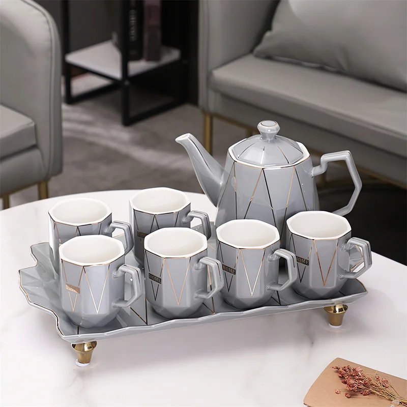 Ceramic Tea Pot Set Coffee Cup Nordic Style Grey Marbling Teaware Sets 1 Pot 6 Cups 1 Tray Coffeeware Home Bar Decoration Kettle